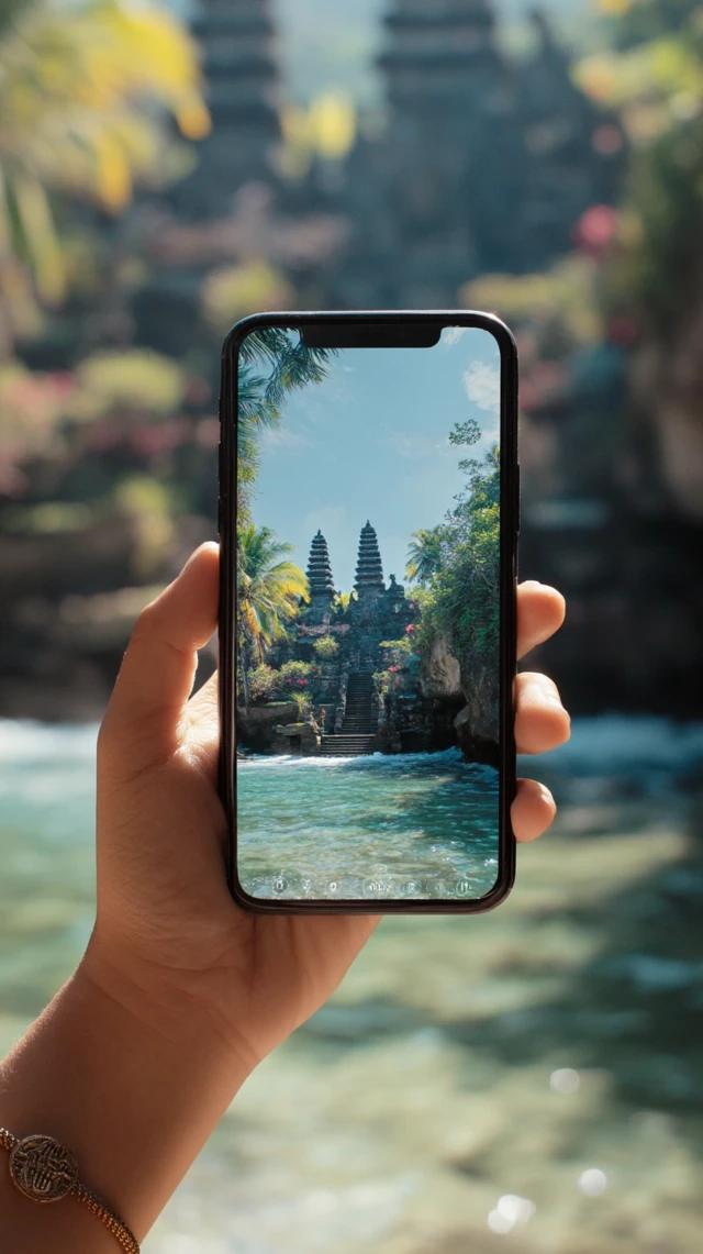 Bali Calling Woman Holding iPhone with Stunning Views