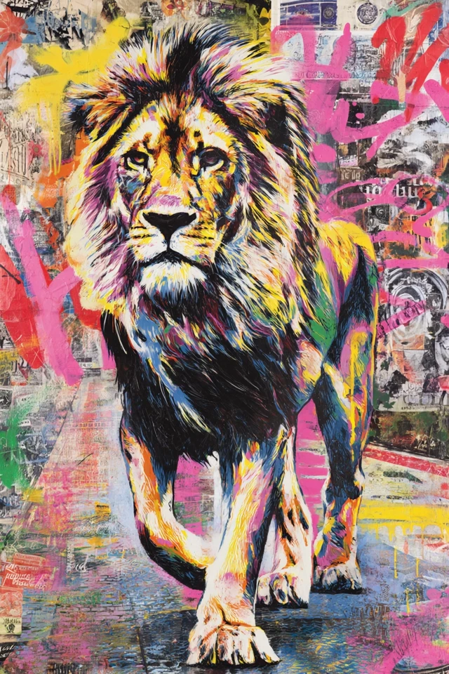 Colorful Lion Street Art: Pop Culture Graffiti Painting