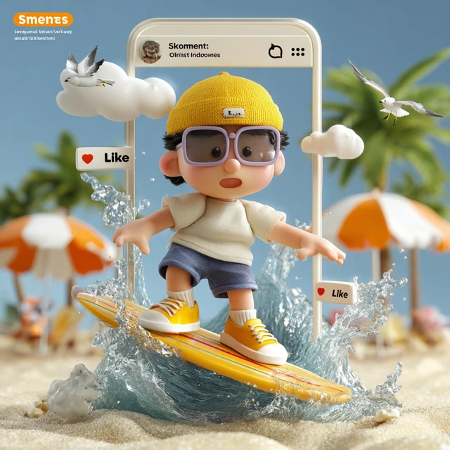 Cartoon Surfer on a Beach in 3D Style