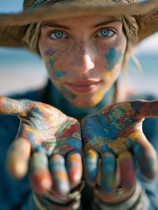 Woman with Painted Hands World Map Beach Photography
