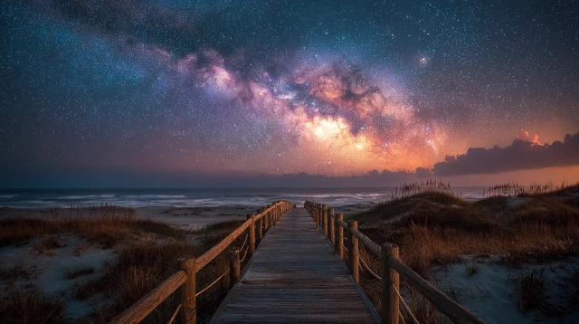 Boardwalk Under the Milky Way at Night
