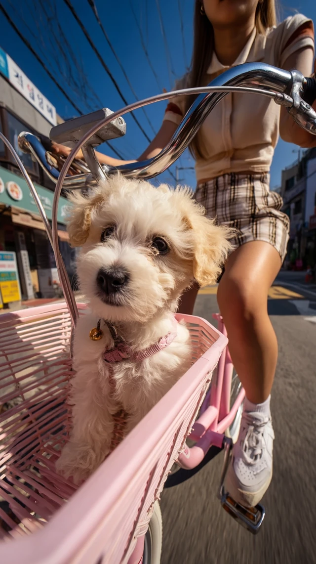 Maltipoo Puppy on a Pink Bicycle Ride in Korea