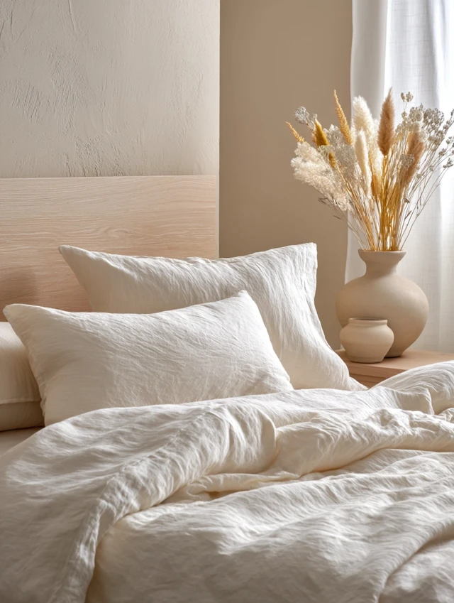 Calming Bedroom Corner with Linen Sheets and Flowers
