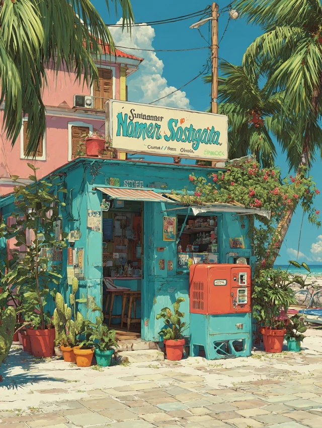 Beach Shop Summer Nostalgia Palm Trees Illustration