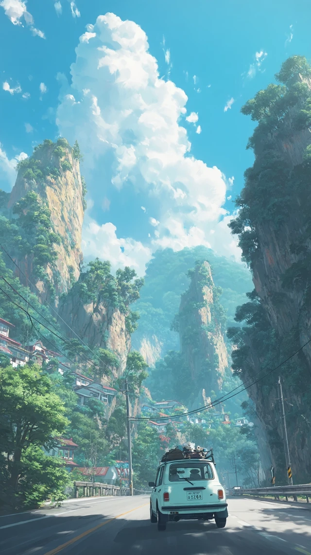 Anime Car Journey Picturesque Scene