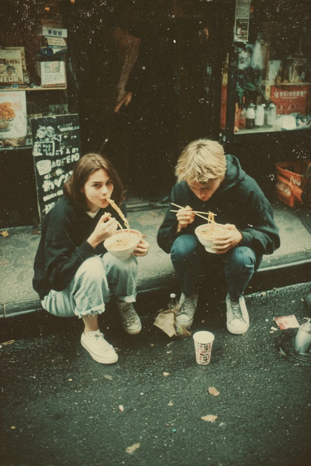 Couple Eating Ramen Street Scene Vintage Aesthetic
