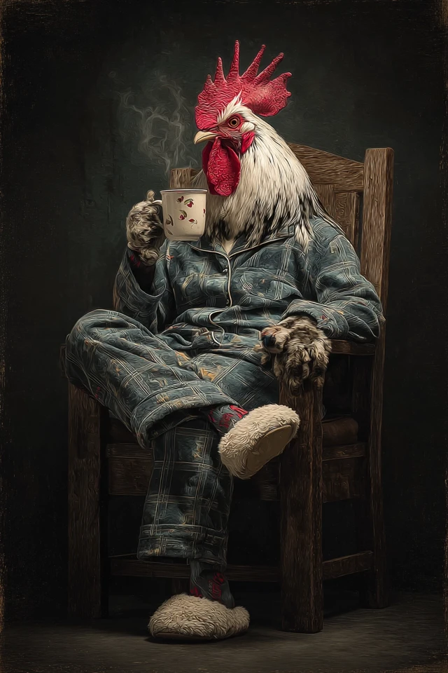 Cute Rooster in Pajamas with Coffee