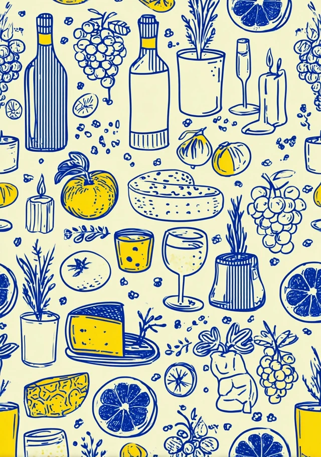 Vintage Food Pattern Blue Yellow Illustration