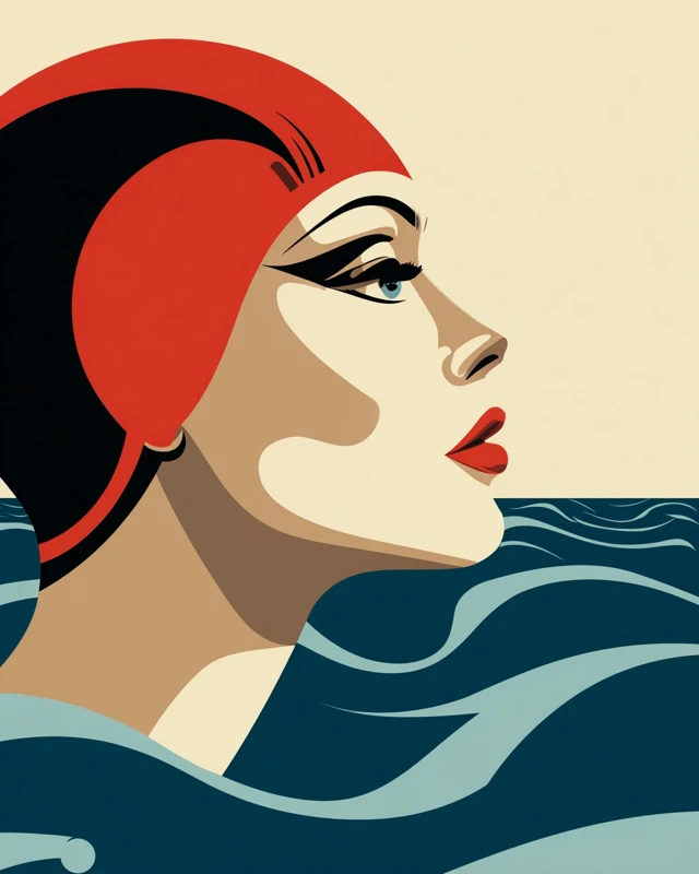 Vintage Swimmer Woman Profile Mary Blair Style