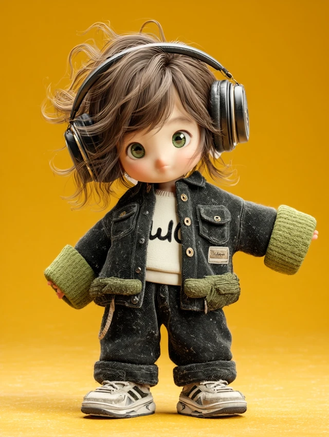 Anime Chibi Singer 3D Render with Headphones