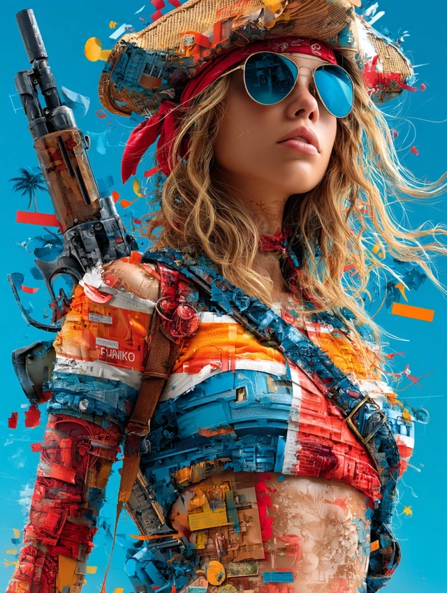 Female Pirate on Tropical Island: Intricate Art
