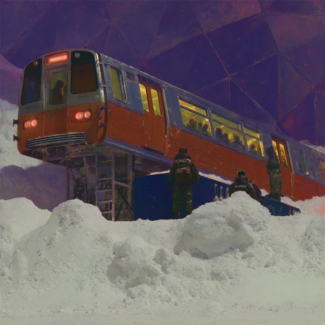 Derelict Futuristic Train Stranded in Snow