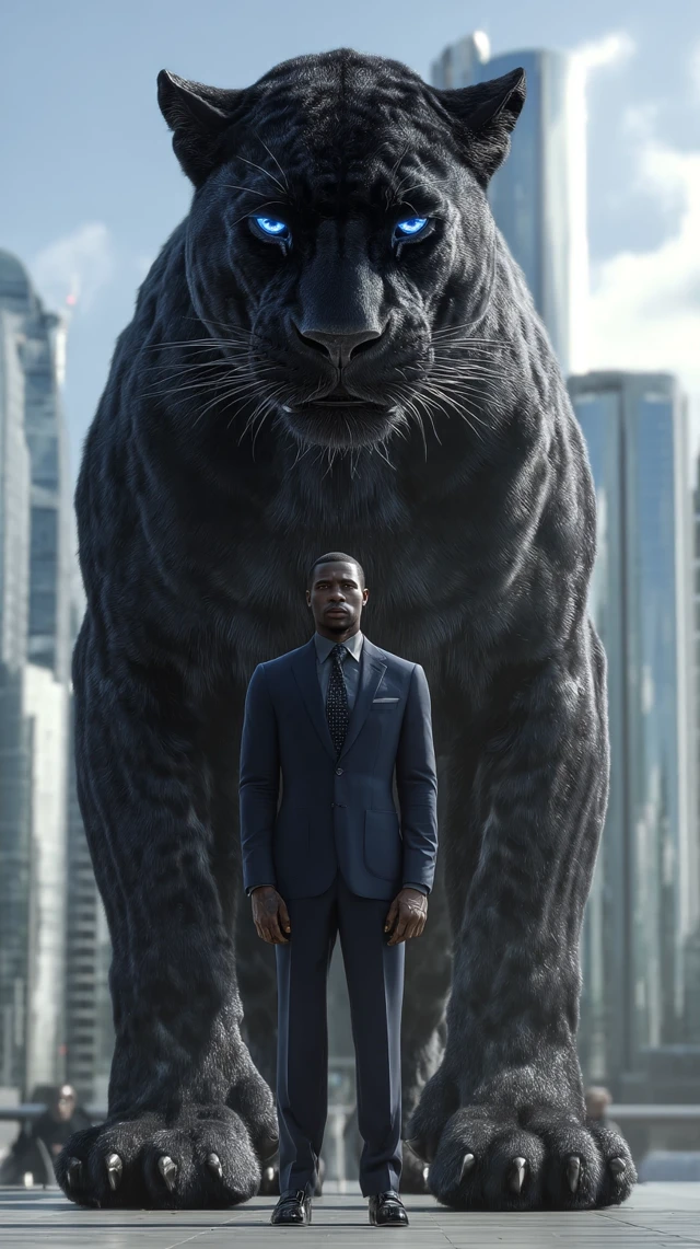 Man and Panther Guardian in Futuristic City
