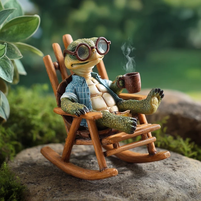 Solar Turtle Garden Statue Relaxing with Coffee