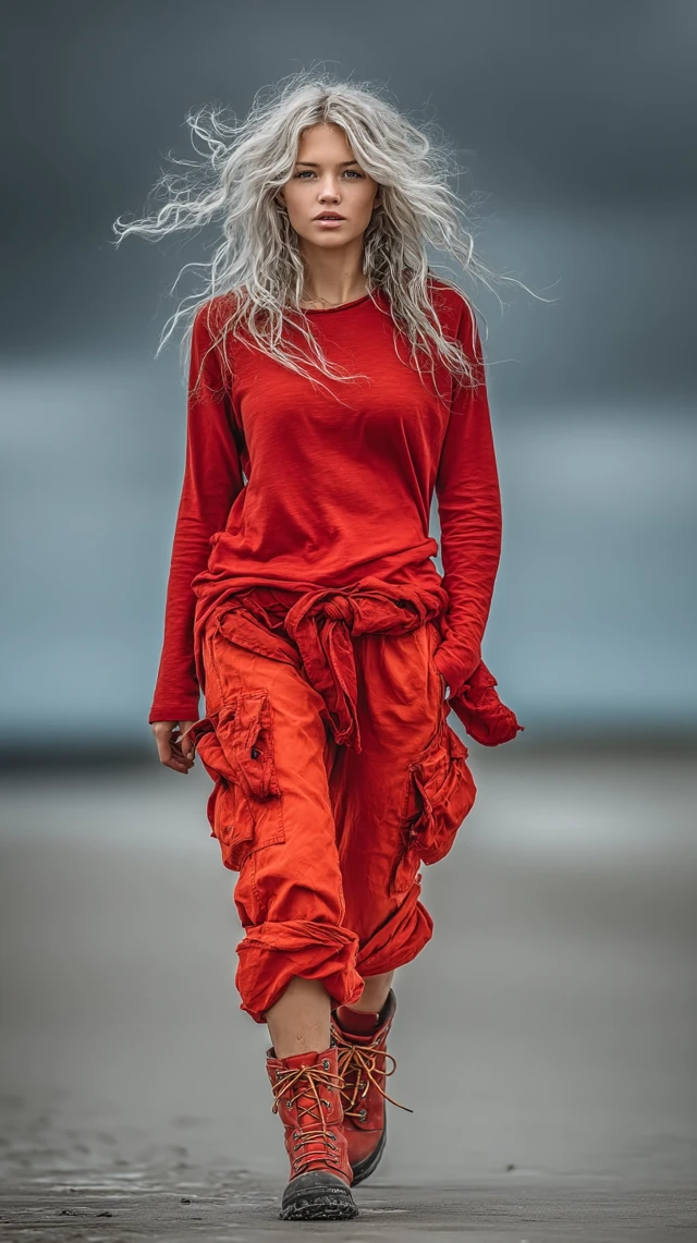 Woman in Red Walking on Stormy Beach