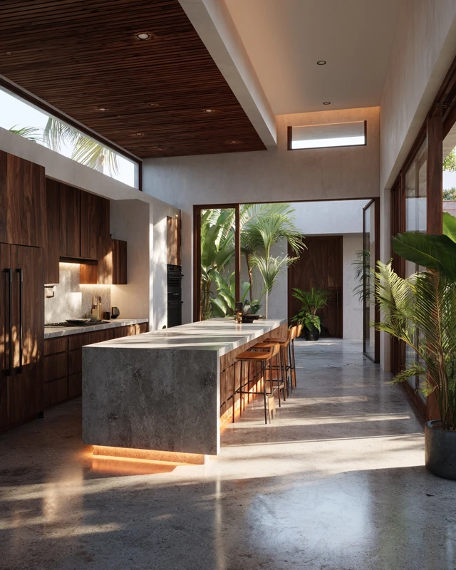 Modern Tropical Kitchen Design Dark Wood Concrete