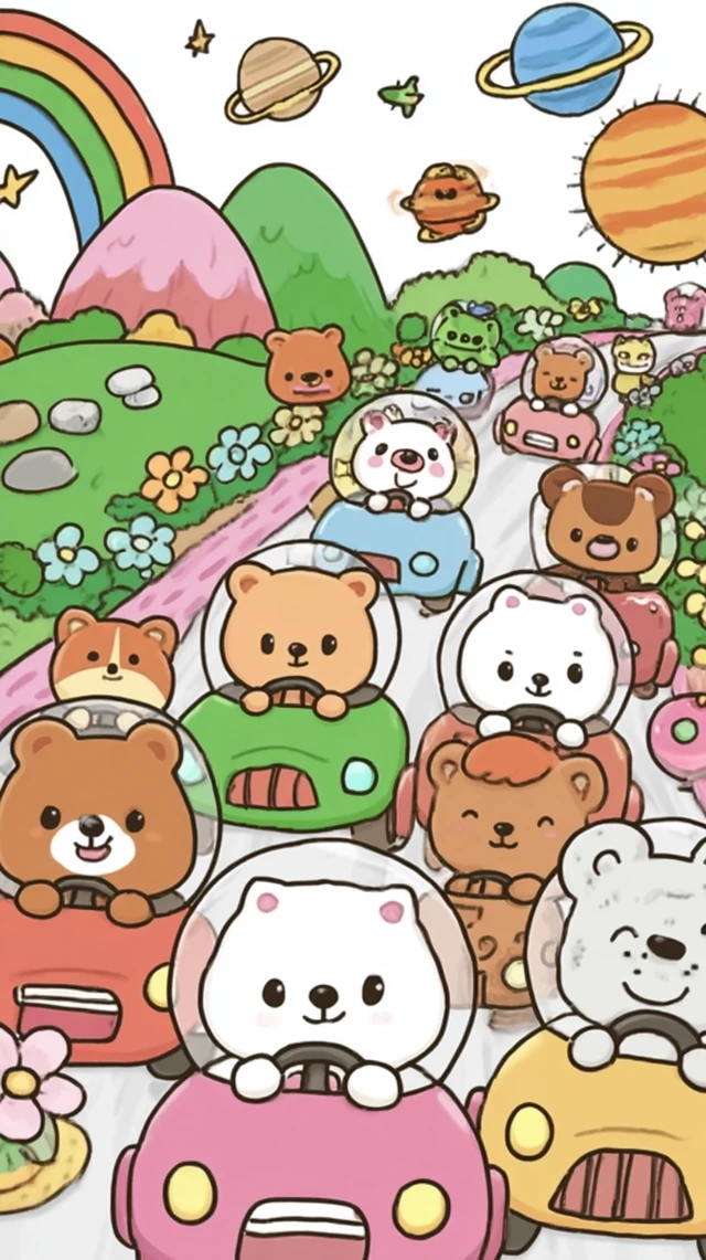 Cute Cartoon Space Race Rocket Cars Kawaii Style