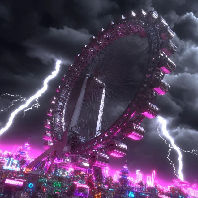 Futuristic Carnival with Ferris Wheel and Lightning