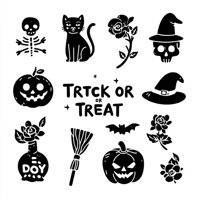 Cute Halloween Icons Trick or Treat Vector Black and White