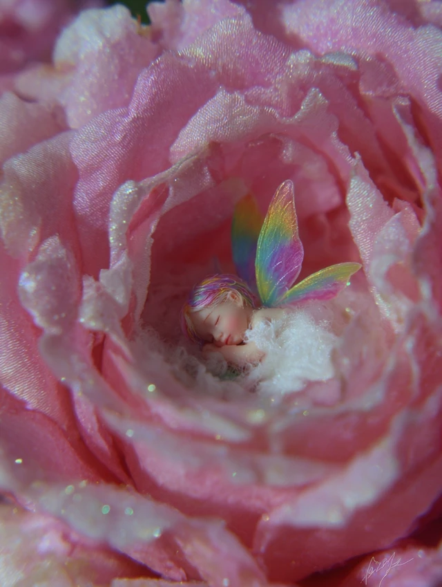 Sleeping Fairy in a Pink Rose