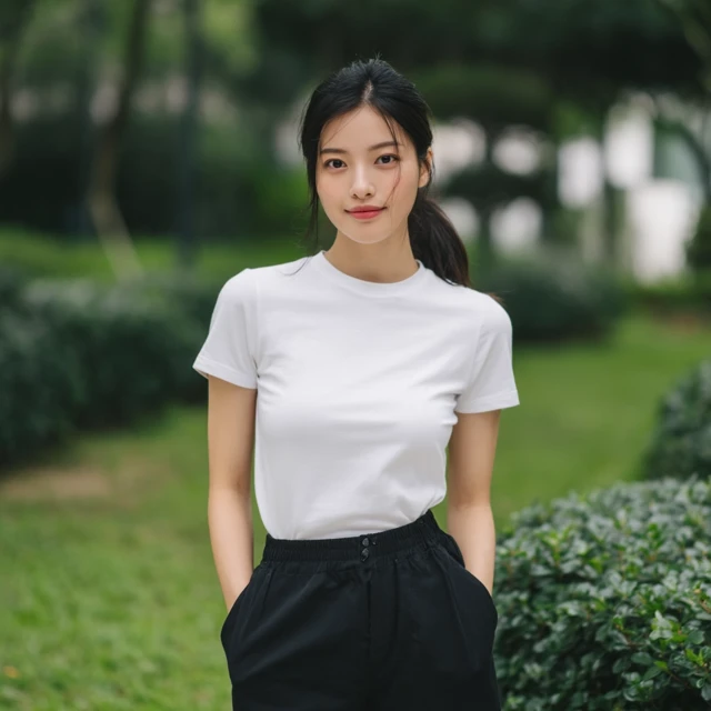 Elegant Chinese Lady in White TShirt Fashion Photo