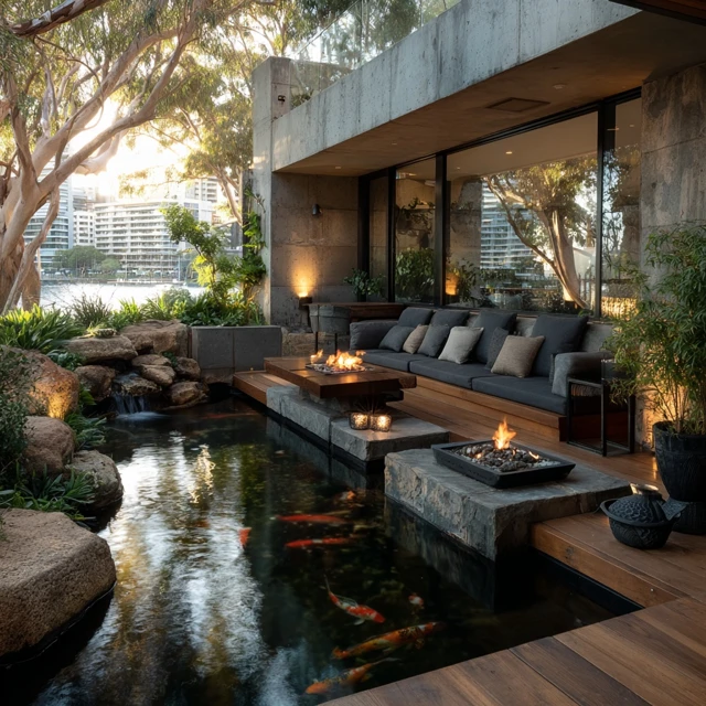 Modern Garden with Koi Pond and Fire Pit