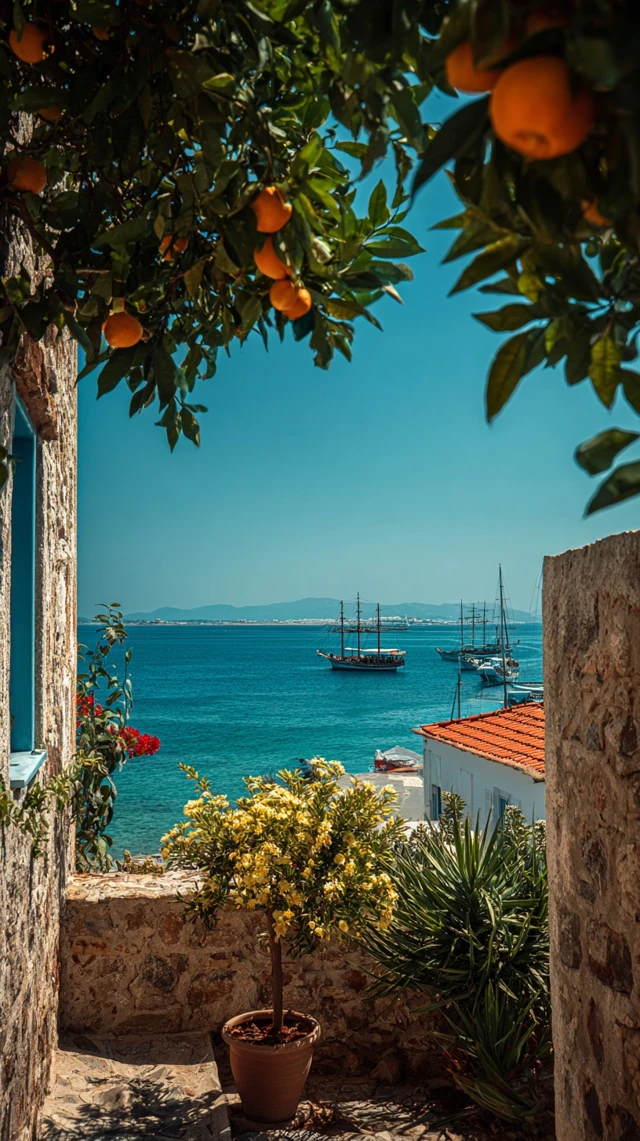 Krios Greece Coastal View Oranges Ships Summer Vibes