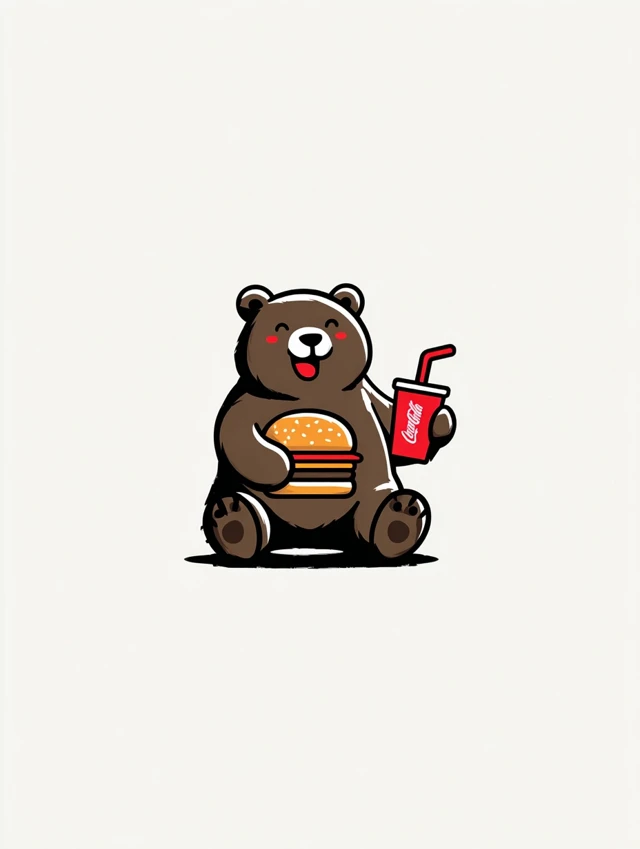 Cute Cartoon Bear with Hamburger and Drink
