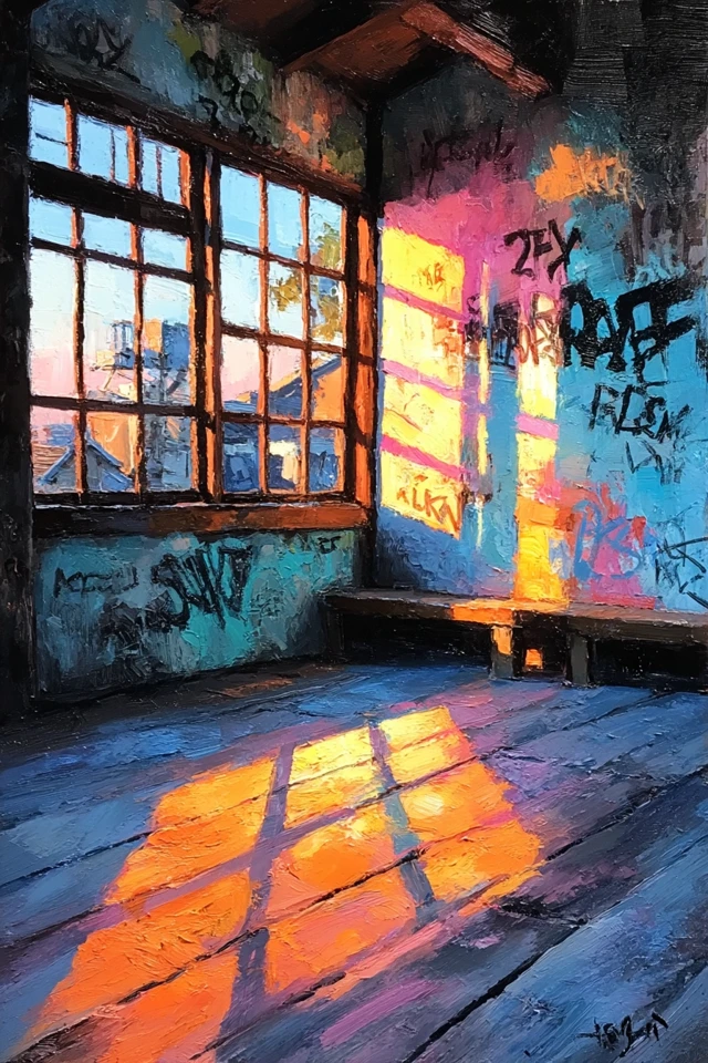 Peaceful Dojo Interior Oil Painting Sunshine Graffiti