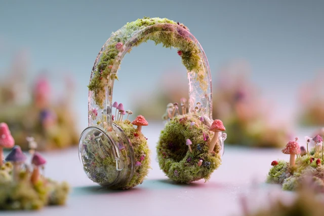 Mossy Headphones Miniature Terrarium Fantasy Art