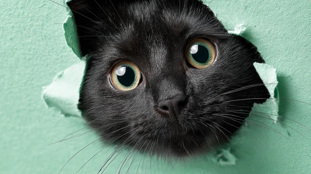 Cute Black Cat Peeking Through A Hole