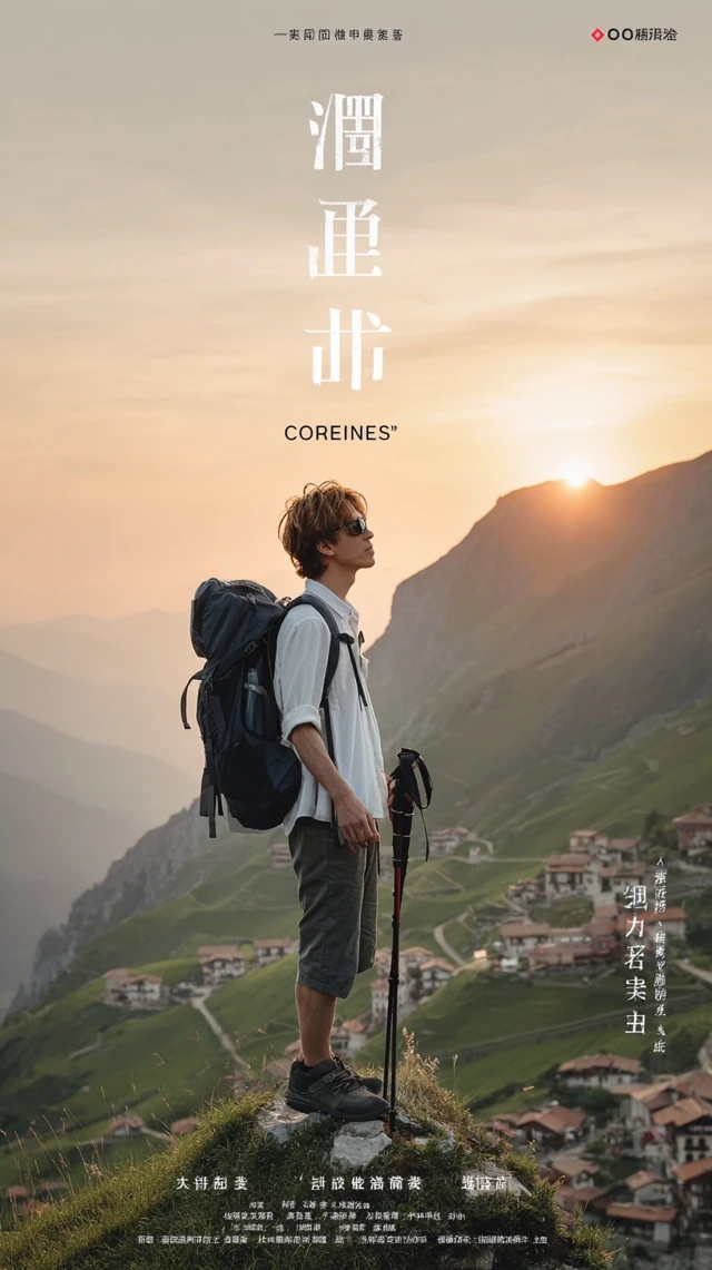 Adventurous Man Hiking on Mountain Sunset
