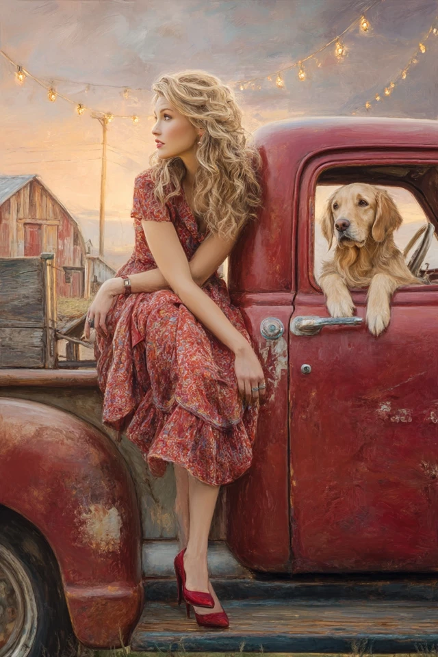 Romantic Country Scene Woman Truck Golden Retriever