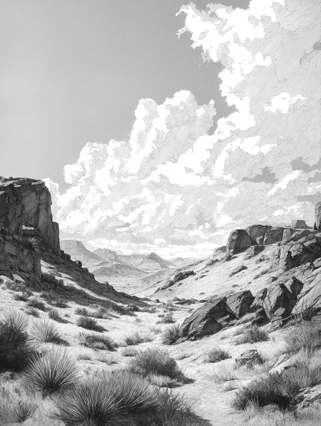 Western Desert Landscape Pencil Sketch Illustration