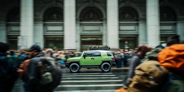 Toyota FJ Parrot Green Off Road Speeding Through Crowd