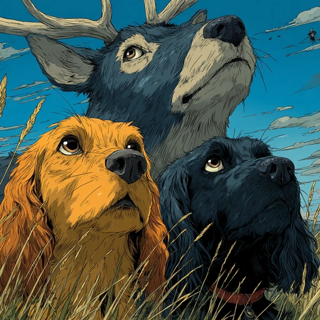 Proud Deer and Cocker Spaniels Ghibli Style