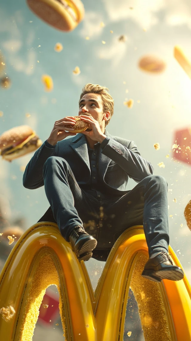 Surreal McDonald''s Scene Man Eating Burger