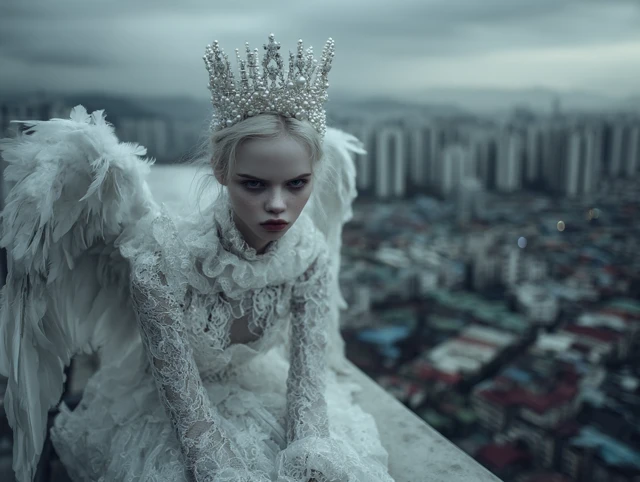 Angelic Model on Rooftop with City View
