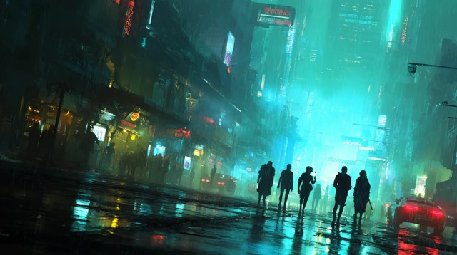 Cyberpunk City Rain Futuristic Street Scene