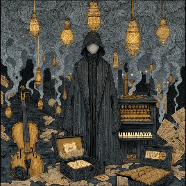 Mysterious Figure in Fog and Lanterns