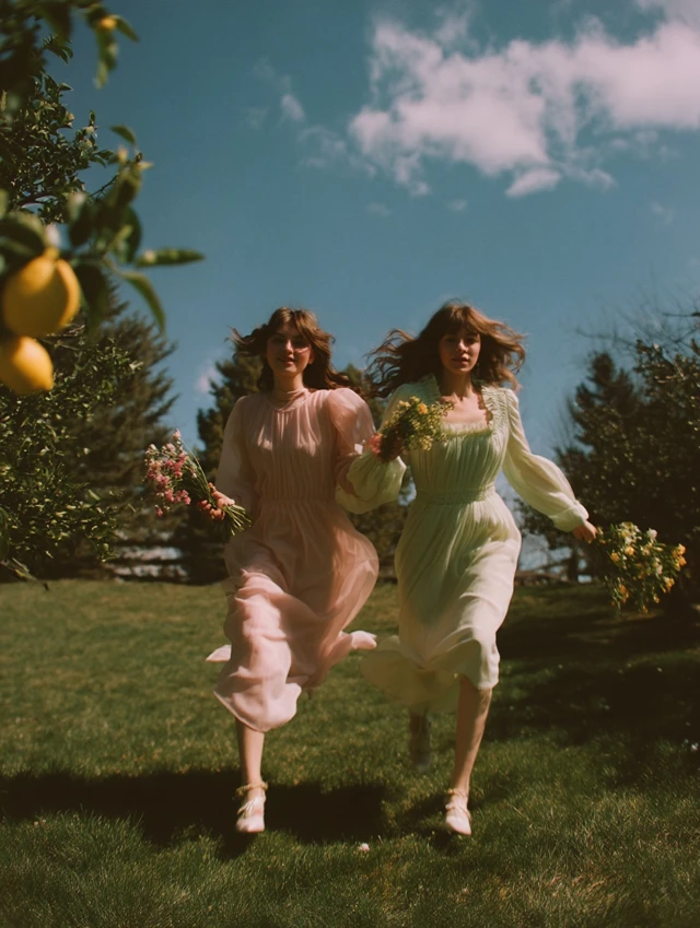Women Running with Flowers Spring Fashion Editorial