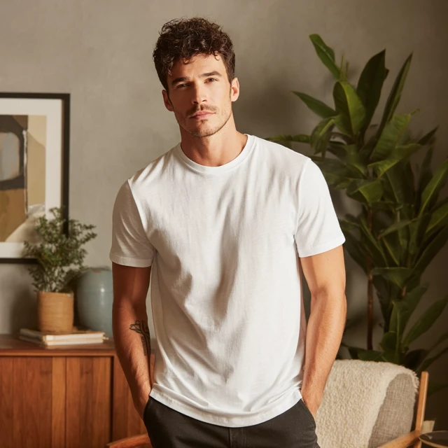 Male Model in White Tee in Living Room