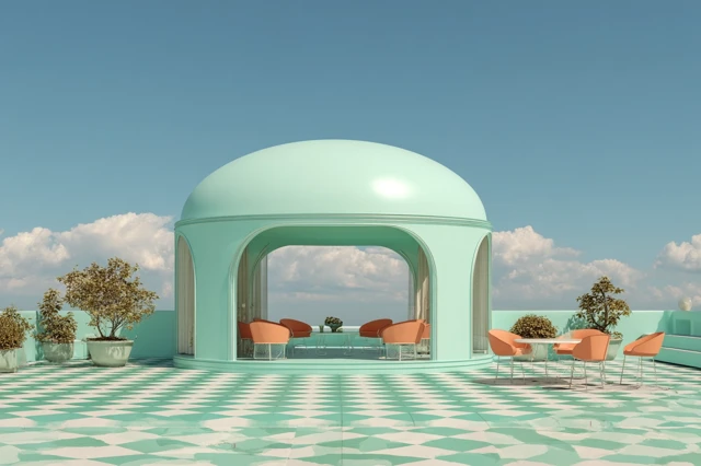 Retro-Futuristic Outdoor Pavilion Design in Dopamine Colors