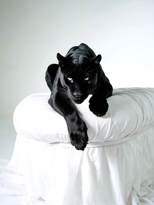 Black Panther on White Sofa Hyperrealism Product Shoot