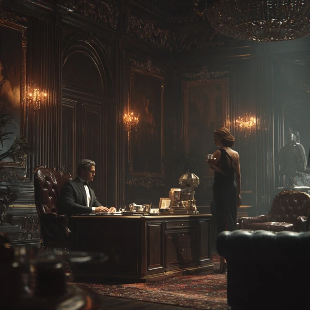 Luxurious Office Scene Man Taking Notes Woman with Coffee