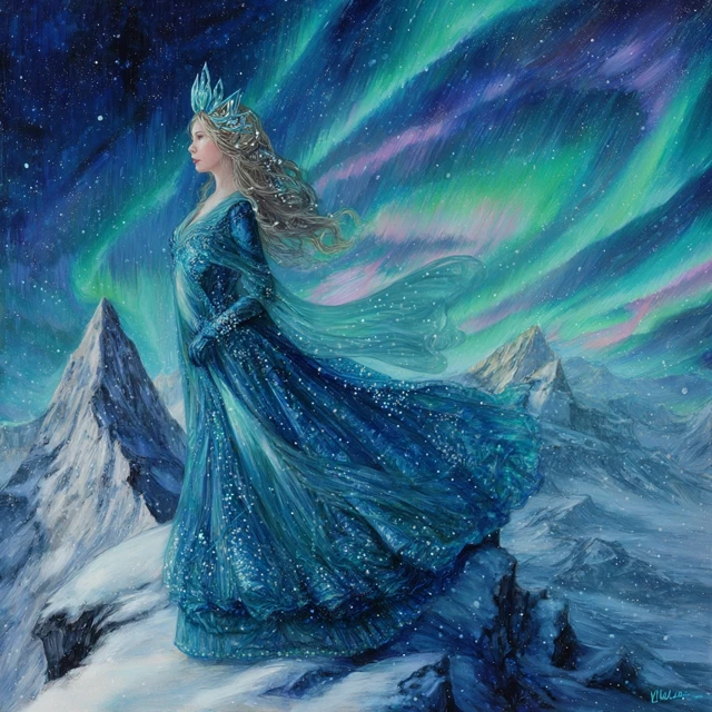 Aurora Goddess on Snowy Peak Fantasy Art