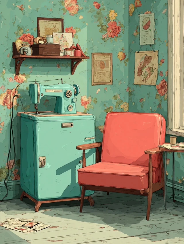 Nostalgic Sewing Room Illustration Vintage Decor