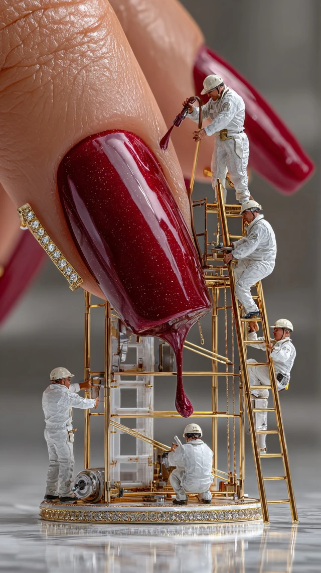 Miniature Workers Manicuring a Hand