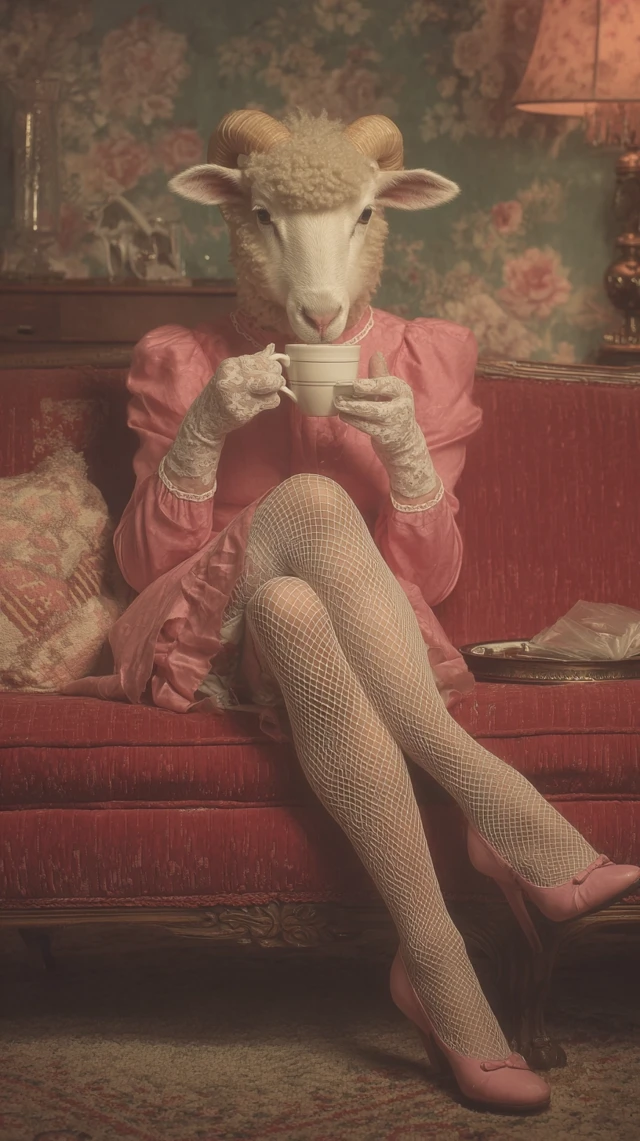 Vintage Sheep Lady Coffee Time Retro Style