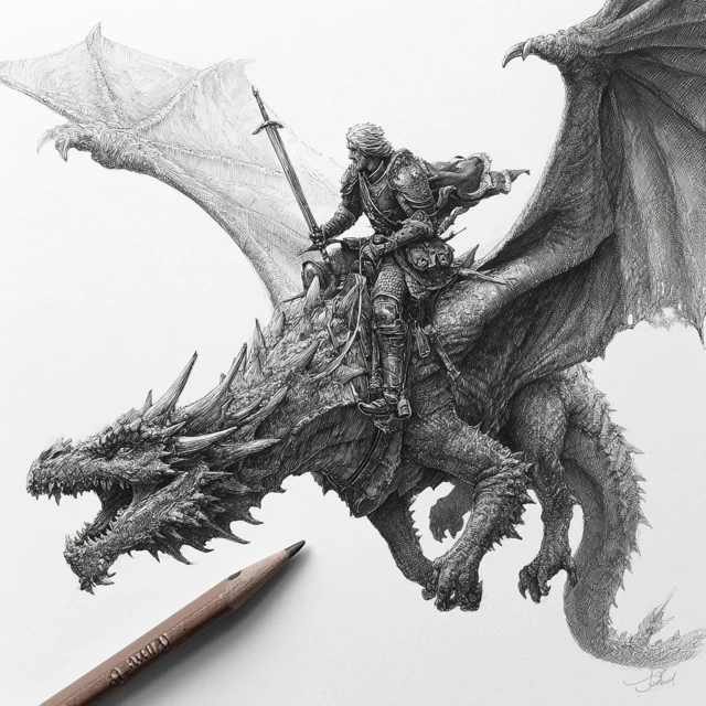 Dragon and Warrior Pencil Drawing
